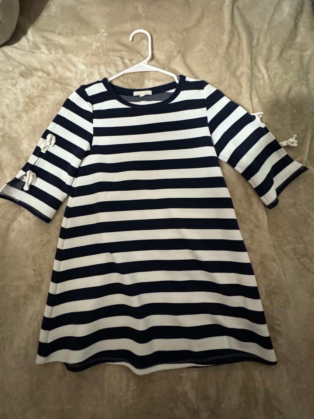 Copper Key Navy and White Striped A-Line Dress with Sleeve Bows